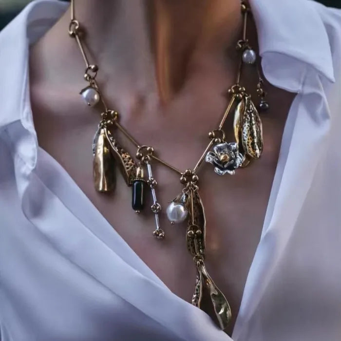 ZA Pearl Leaf Rose Flower Necklace for Women Jewelry Vintage Alloy Leaves Tassel Pendant Necklaces Set