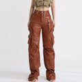 Hotselling Discount Brown Green Multiple Pockets High Waist Wide Leg Leather Pant Women Cargo Pants