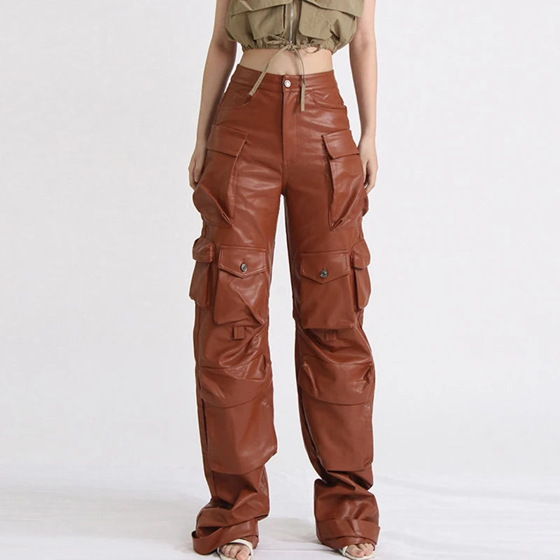Hotselling Discount Brown Green Multiple Pockets High Waist Wide Leg Leather Pant Women Cargo Pants