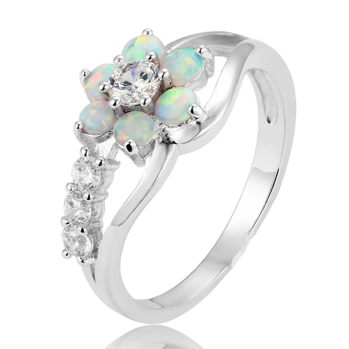 Huitan S925 Exquisite Flowers Shaped Design Opal Round Imitated Diamond Sterling Silver Finger Rings for Hot Selling Women Rings