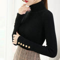 Custom Slim Black Ribbed Turtleneck Sweater for Women High Neck Korean Knitted Long Sleeve Button Top Autumn Casual Thick