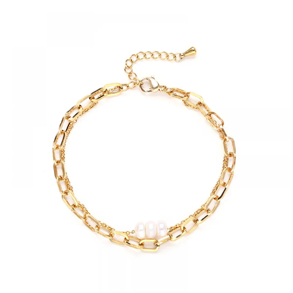 Simple Trendy Jewelry Double Layer Paper Clip Chain Gold Plated Stainless Steel Pearl Bracelets