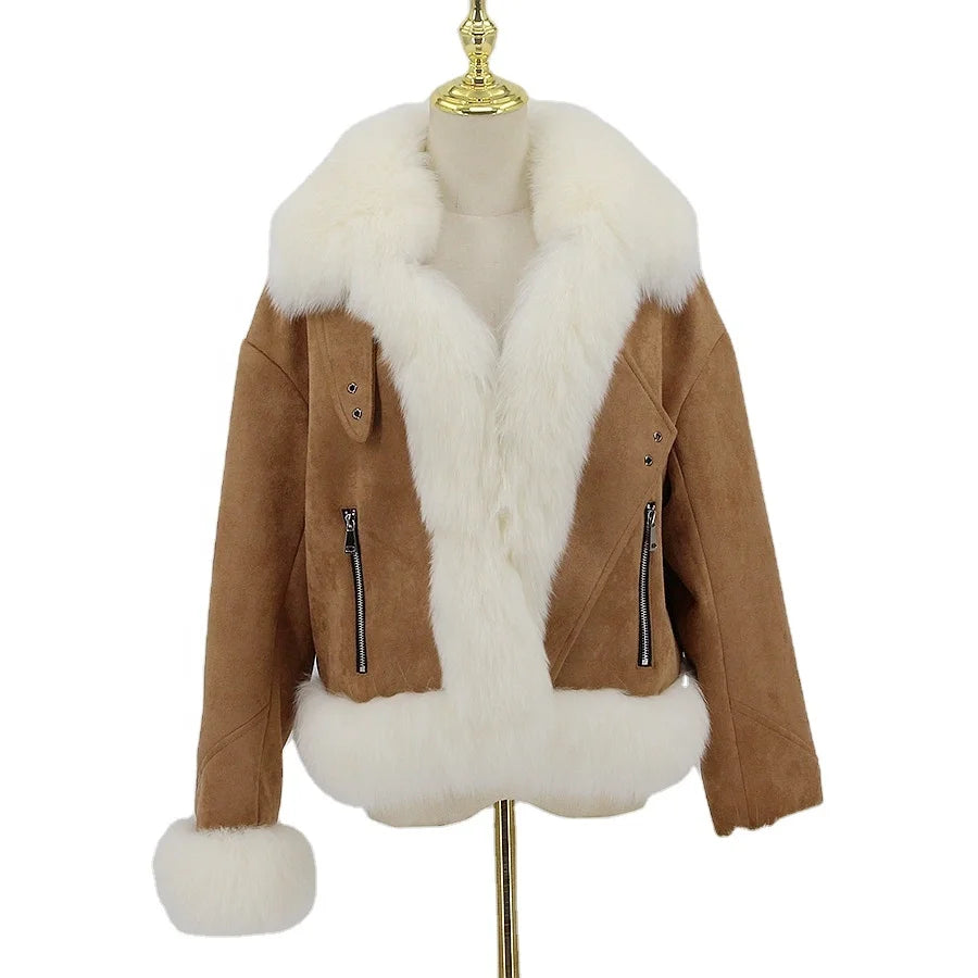 QC23014 New Arrival Women's Casual Breathable Animal Print Suede Leather Fox Fur Coat