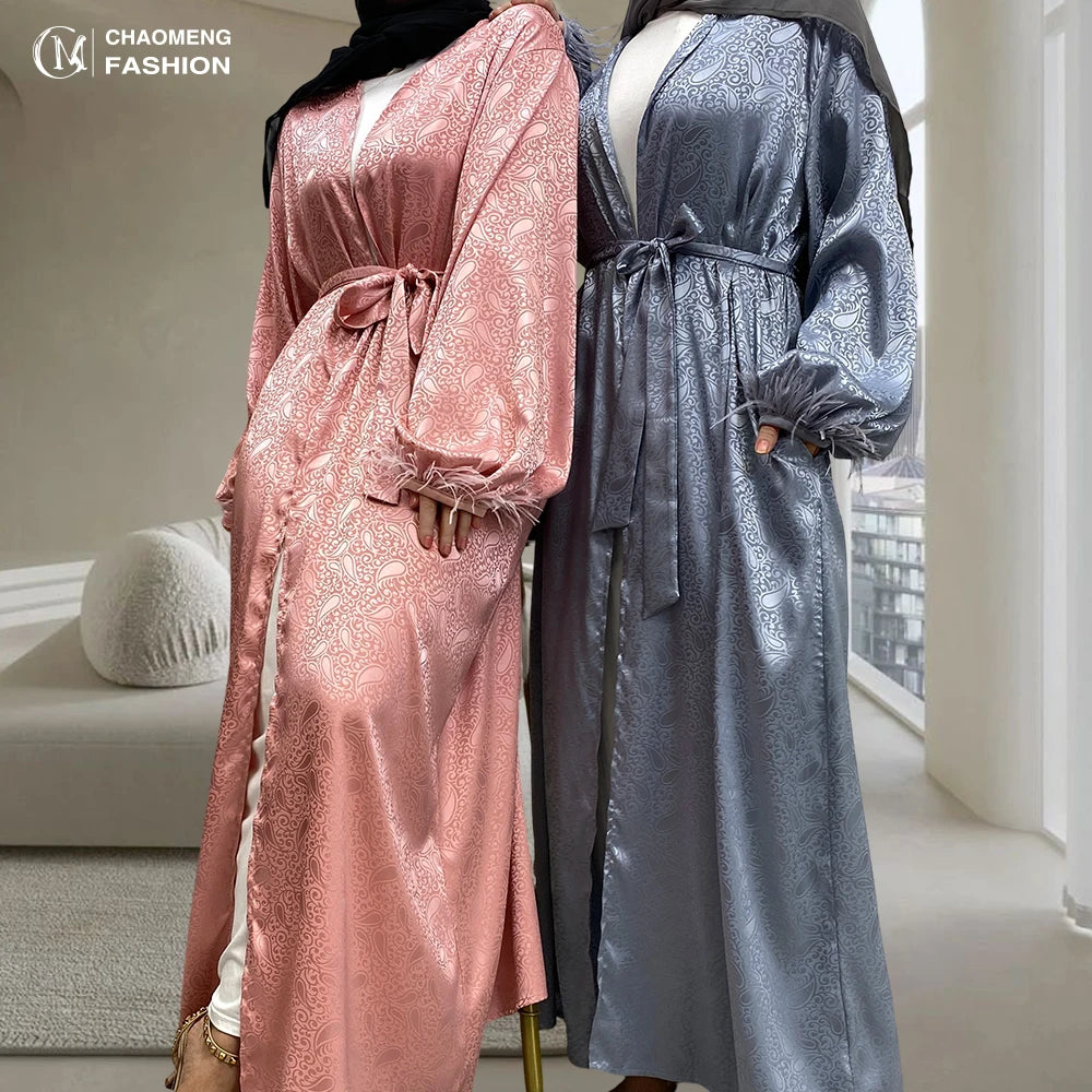 On Sale 9.9 Satin Material Pretty Pattern Loose Sleeves With Feather Cuff Elegant Cardigan Luxury  New Muslim Abaya 1950#