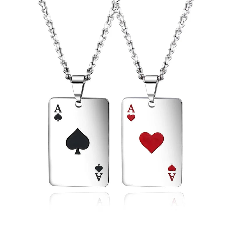 Stainless Steel Poker Playing Cards Hip Hop Jewelry Lucky Ace of Spades Poker Pendant Men Necklace