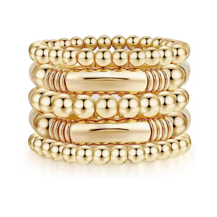 Fashion Boho Stacking Chunky Curved Tube Bracelets Bangles Exaggerated Stretchable 10mm CCB Gold Bead Ball Bracelet for Women