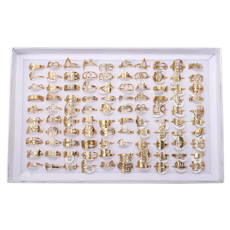 100 Pcs/Box Fashion Cheap Mixed Silver Gold Rings for Women Set Wedding Engagement Jewelry Bulk Lot Men Stainless Steel Ring