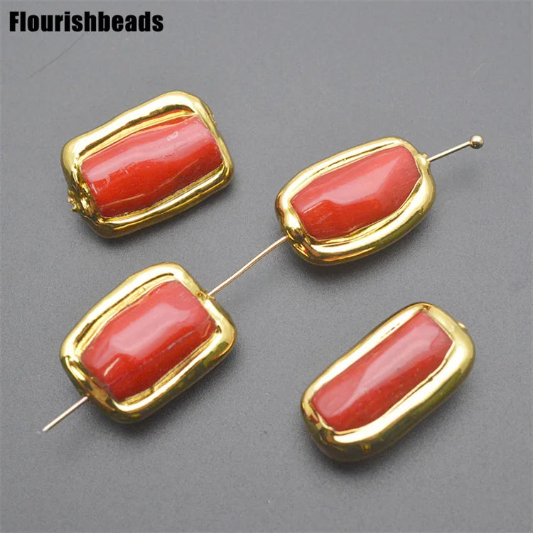 Vintage Jewelry Gold Plated Irregular Rectangle Red Coral Stone Loose Beads for DIY Bracelet Necklace Making