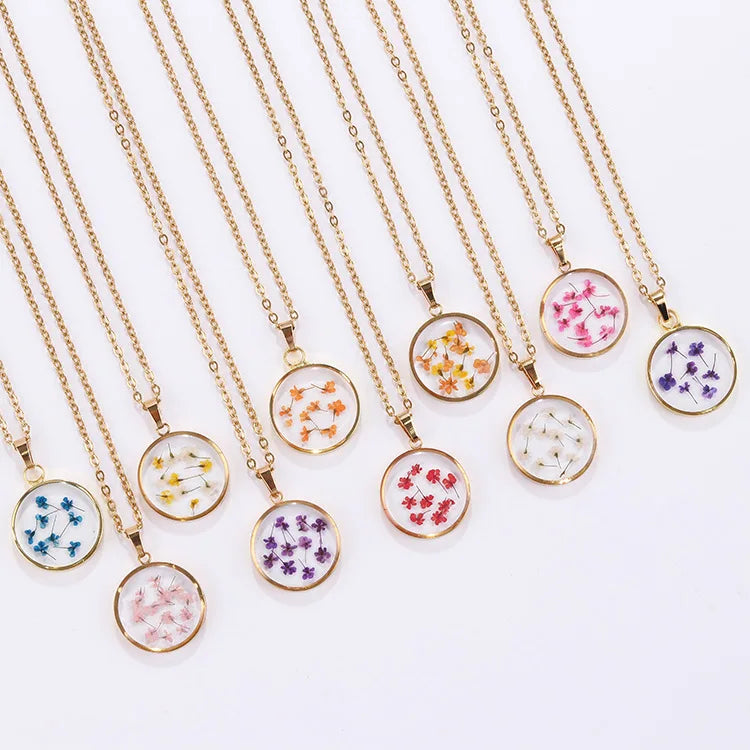 Hot Sale Natural Resin Round Shape Birth Month Dry Flower Necklace for Women Girl