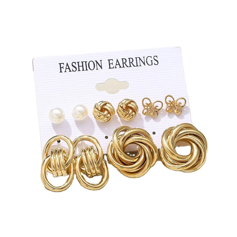 2021 Hot Sales Fashion New Exaggerated Geometric Circle Pearl  Earrings Sets Girls Gift