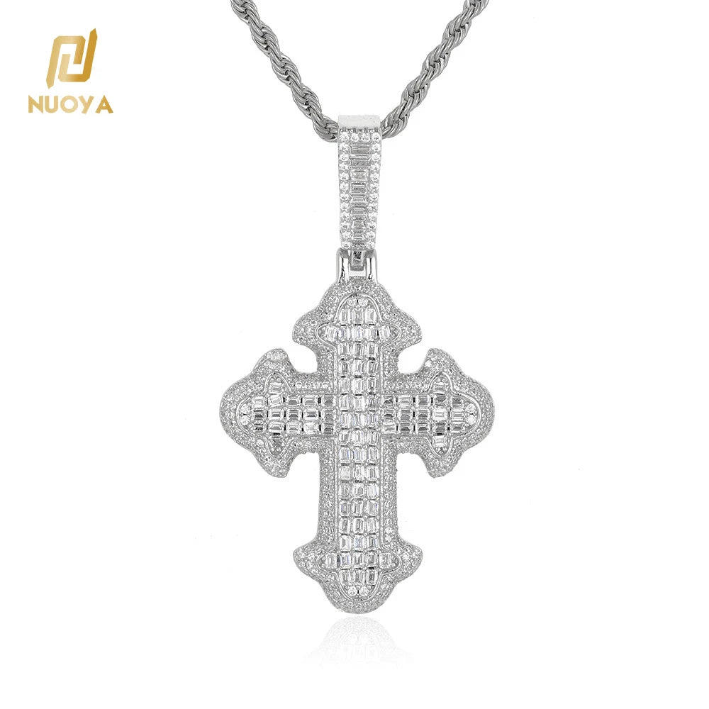 NUOYA New Style Hip Hop Baguette Square Iced Out Zircon White Gold Plated Cross Pendant for Men and Women Gift Fashion Jewelry