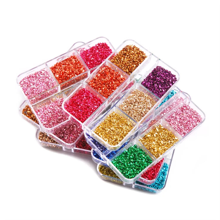 Hisenlee 6 Grid Crushed Irregular Glass Stone Nail Charms DIY Epoxy Resin Nail Art Decorations for Weddings & Christmas
