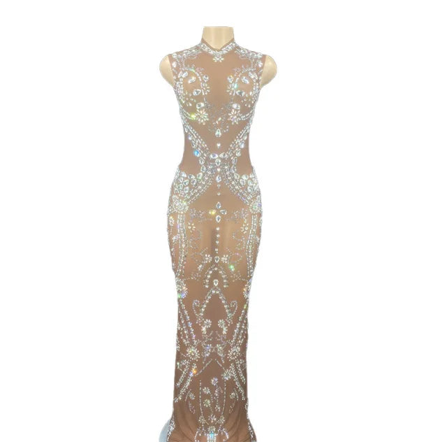 Sparkly Singer Stage Show Evening Dresses Rhinestones Mesh Long Dress Women Club Party Women Dress