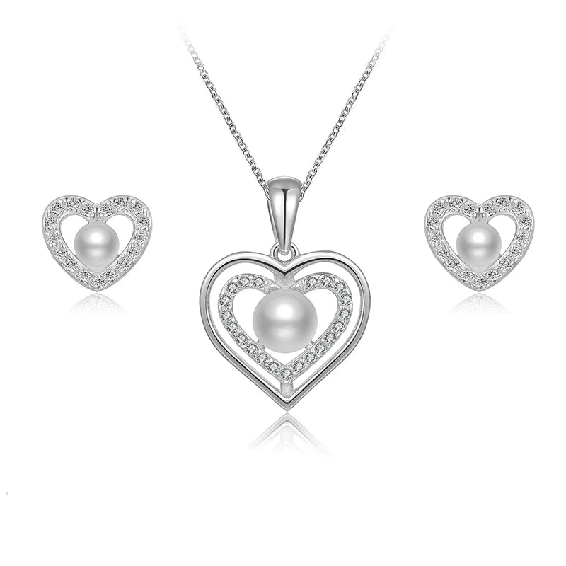 Fine Necklace Sets Fashion Heart Pearl Sterling Silver 925 Bridal Set for Wedding Jewelry