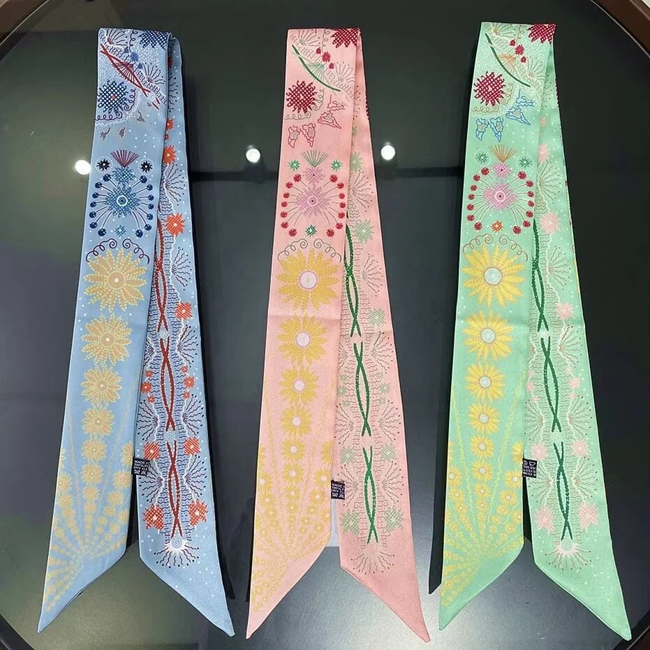 2021 Spring Flowers Printed Polyester Hair Scarf Imitated Silk Designer Skinny Handle Bag Scarfs