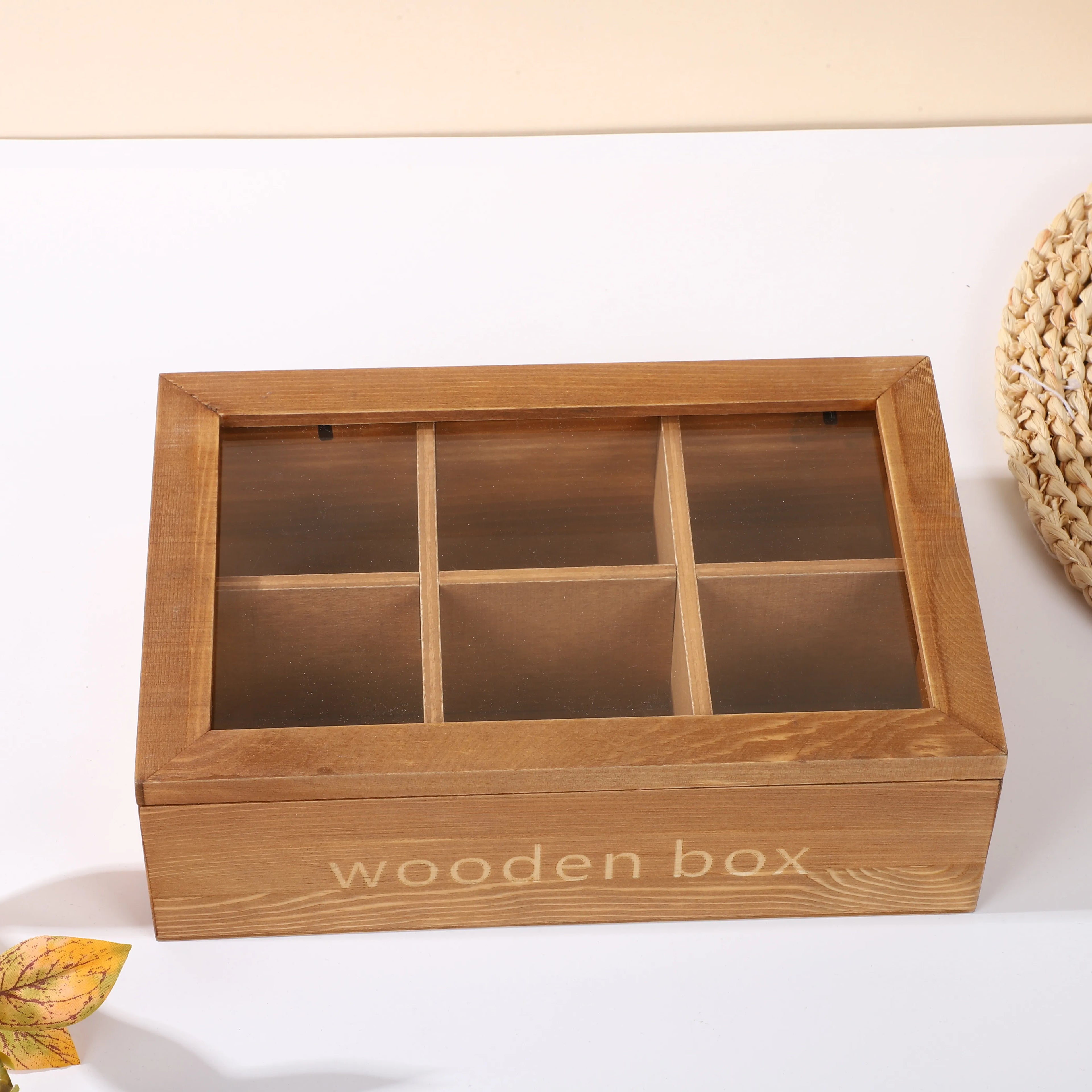 Wholesale Natural Storage Box Decorative Chest Small Wooden Storage Boxes Wooden Tea Box Bamboo 6-Section with Acrylic Lid