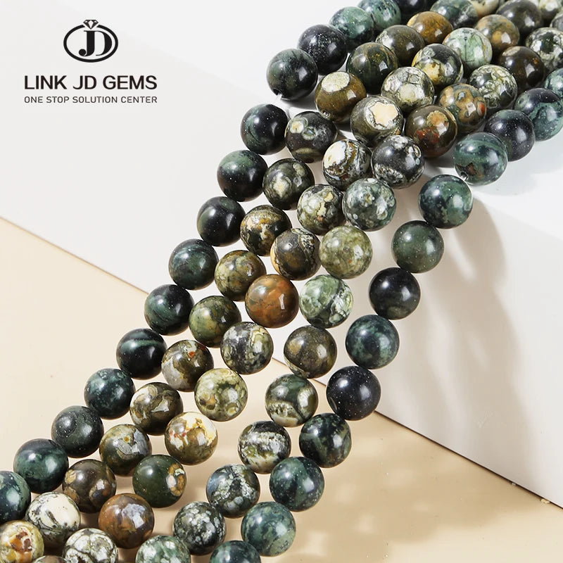JD GEMS Green Black Colors Natural Kambaba Gemstone Matte Old Kambaba Beads Faceted Round Stone for Bracelet Making Accessory