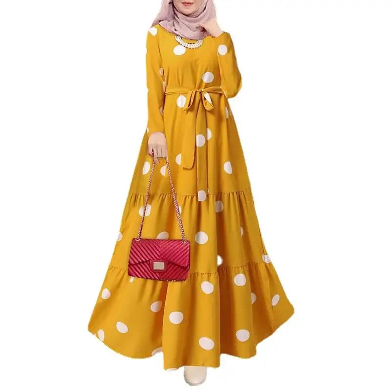 2024 Ladies Jilbab Polka Dot Muslim Ball Gown Print Dress Islamic Modest Abaya Dress Long Sleeve Retro Full Length Maxi Dress
