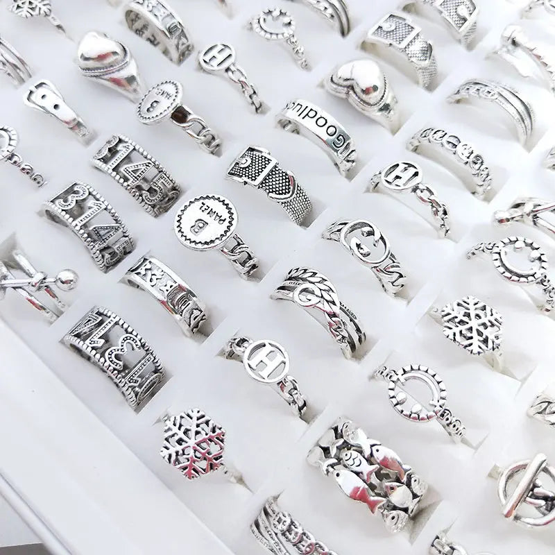 Vintage Classic Silver Plated Ring Popular Fish Number Snowflake Finger Ring Open Jewelry for Women Accessory