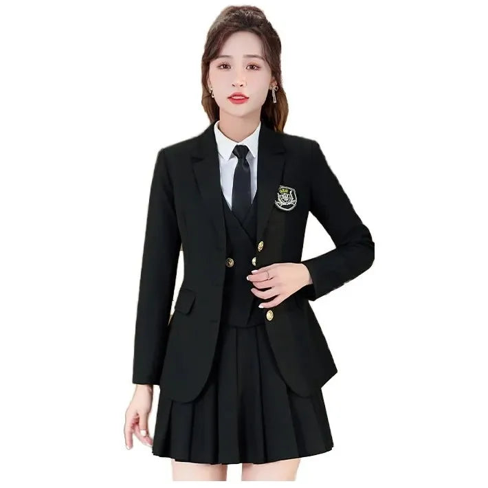 Elegant Women's Single Breasted Jacket Dress Suit Regular Two-Piece School Uniform Notched Collar Patchwork Design Button
