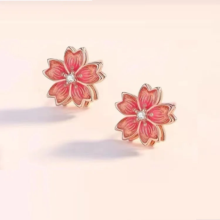 Peach Blossom Stud Earrings for Women Cubic Zirconia Earring Rotating 925 Sterling Silver Needle Spinning Flower Stud Earrings