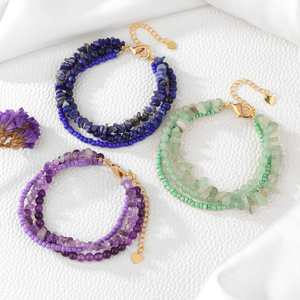 Bohemian 3pcs/set Natural Stone Bracelet for Women Gift Stainless Steel Chains Gemstone Amethyst Turquoise Beaded Bracelet