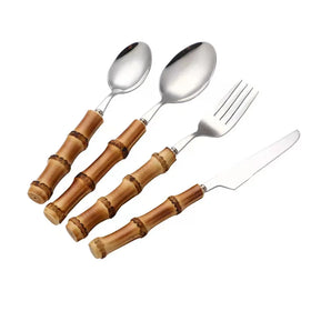 Bamboo Handle Flatware Knife Spoon Fork Set Stainless Steel Cutlery Set Silverware
