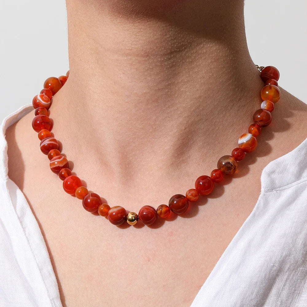 JOOLIM 18k Gold Plated Stainless Steel Red Natural Stone Necklace High-End Hypoallergenic Chains for Summer Bracelet Set