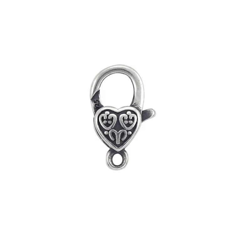 Tibetan Style Oxidized 925 Sterling Silver Heart Shape Filigree Clasp With Facial Pattern Lobster Lock for Necklace Bracelet