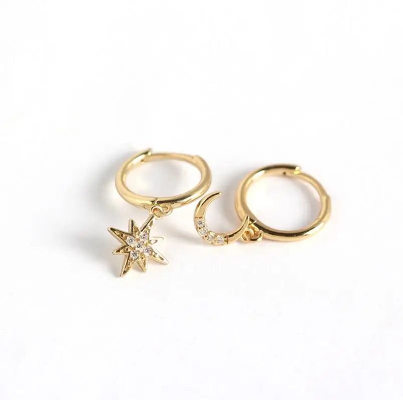 Wholesale Mini Hoop Earrings Starburst Zircon Gold Plated Dangling CZ Micro Pave Sterling Silver Moon Star Earrings