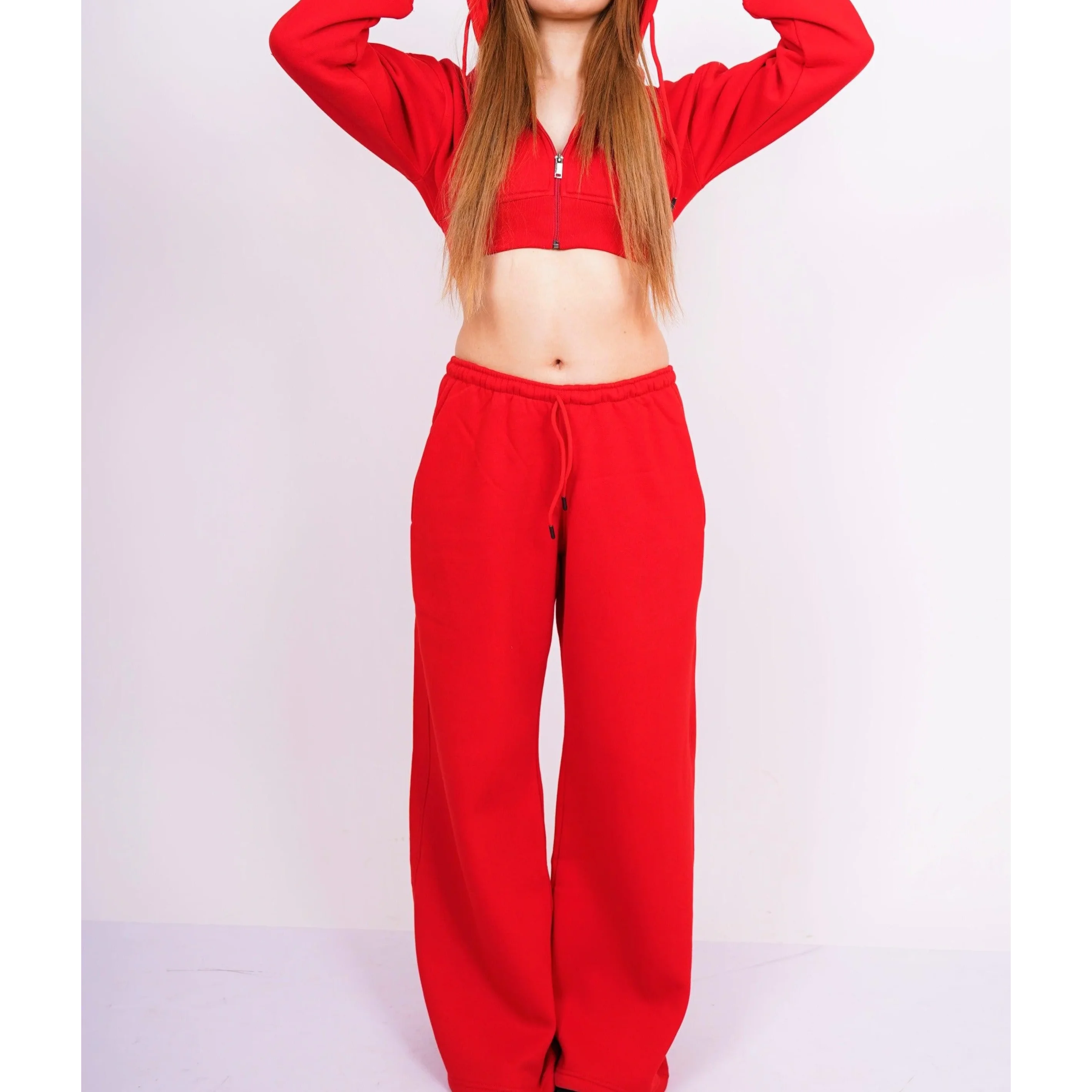 Zip up Cropped Hooded Hoodie & Straight Leg Pant Set Women's Tracksuit Long Sleeve Hooded Hoodie 2 Pieces Set Baggy Pant