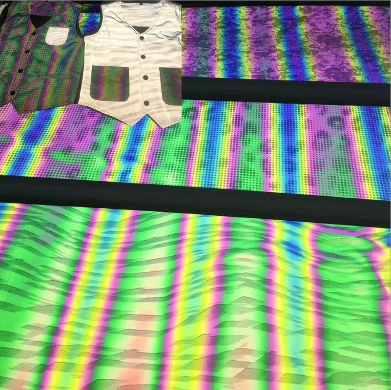 Factory Customized Design rainbow Reflective Pattern Printing Washable Sew on Fabric New Material for Reflect Night Safety Vest