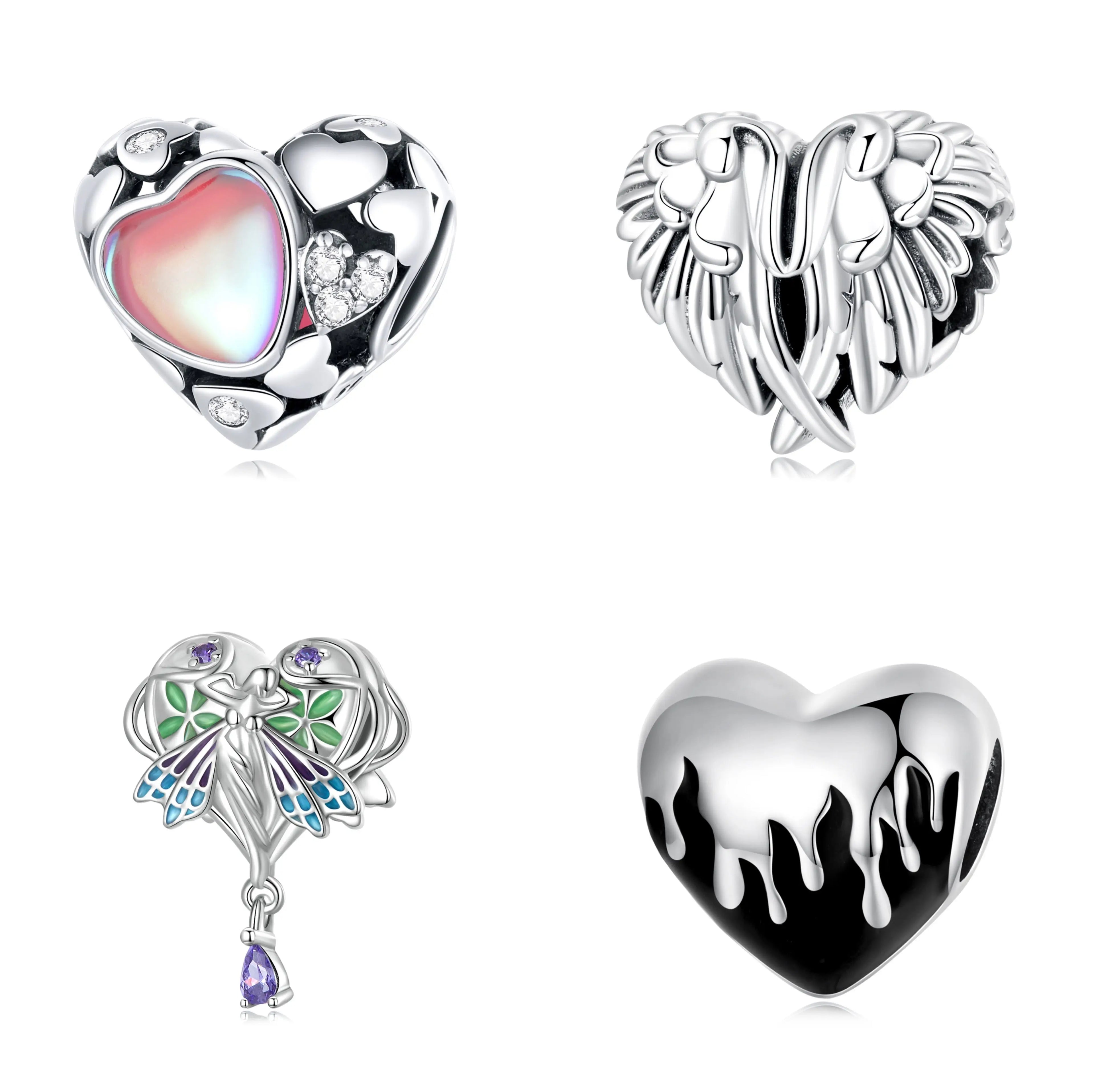 Handmade 925 Sterling Silver Angel Elves Pendant - Opal Feather Heart Charm Wholesale Colorful Boho Fine Jewelry