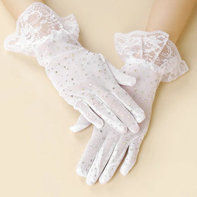 Vintage Hot Drilling Ruffled Trim Mesh Wedding Prom Evening Party Women Sheer Lace Short Tulle Full Finger Gloves