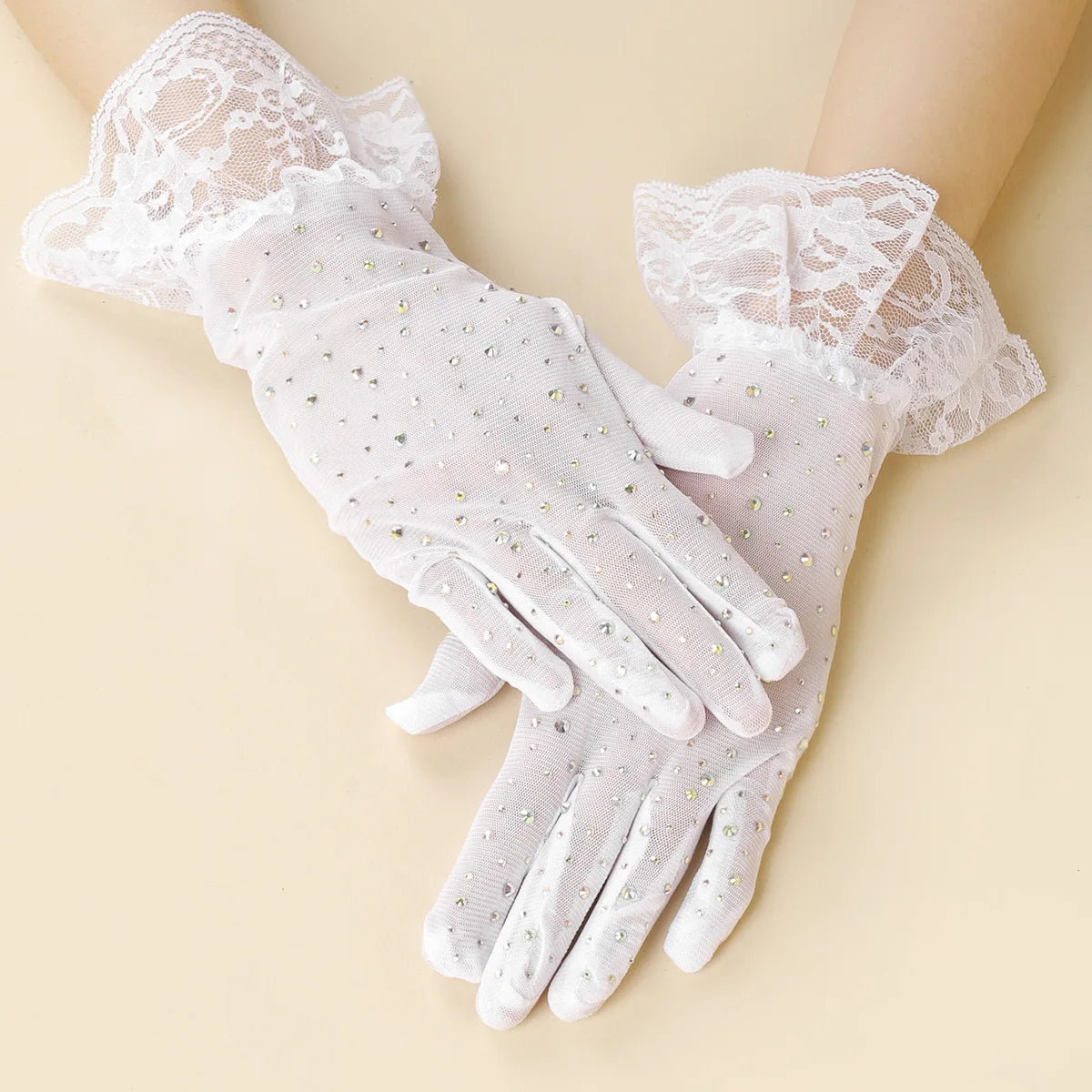 Vintage Hot Drilling Ruffled Trim Mesh Wedding Prom Evening Party Women Sheer Lace Short Tulle Full Finger Gloves
