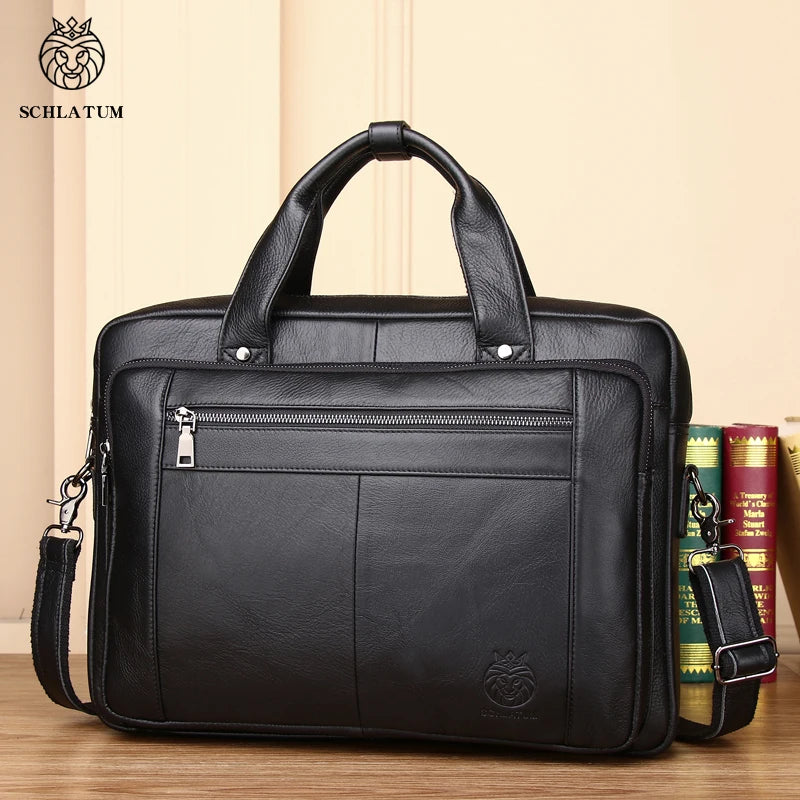 SCHLATUM 16 Inch Black Genuine Leather Large Business Shoulder Laptop Briefcase Bag Designer Luxury Handbag Zipper Office