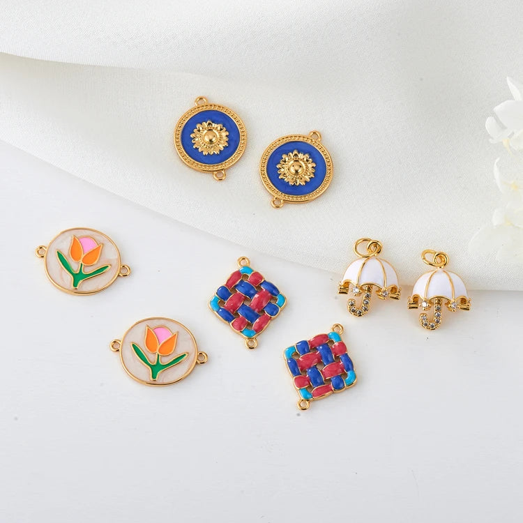 14K Gold Plated DIY Jewelry Enamel Charm Sunflower White Umbrella Flower Diamond Pendant Necklace Bracelet Making Accessories