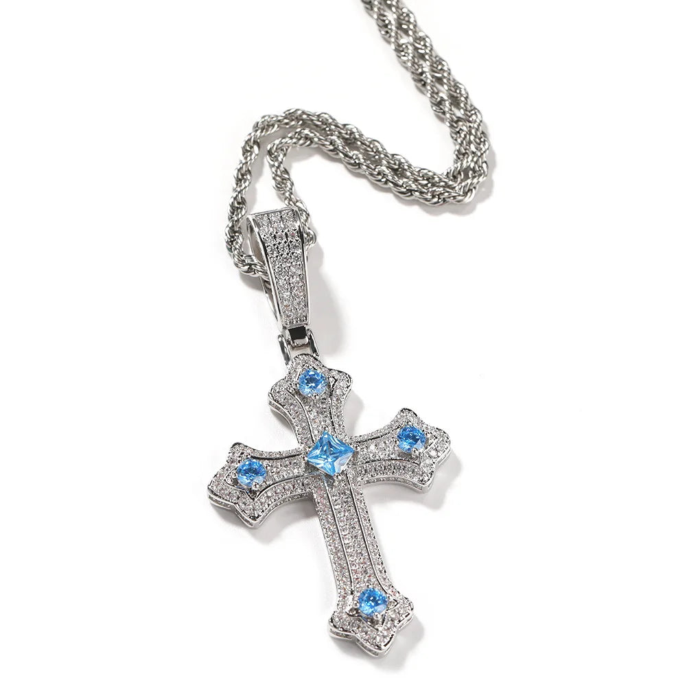 New Arrival Vintage Cross Pendant for Men Black Gun Plated Purple Pink Diamond Iced Brass Vintage Fashion Necklace