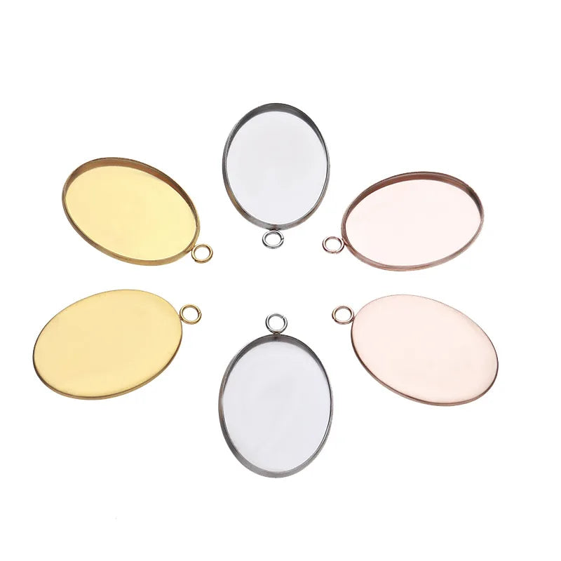 Silver Gold Rose Stainless Steel Blank Cabochon Tray Oval Jewelry Making Pendant Base Polymer Clay Jewelry Tray for DIY