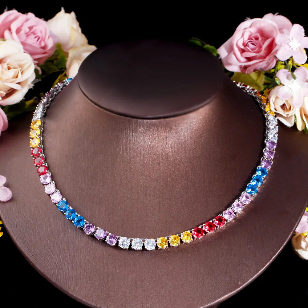 Fashion Silver Plated 6mm Round Rainbow Color Cubic Zirconia CZ Chain Link Tennis Necklace for Women Man's Hip Hop Party Jewelry