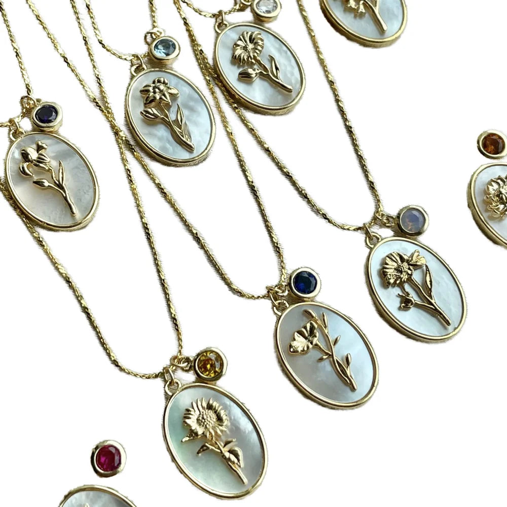 Trendy Gold Plated Embossment Birth Flower Pendant Necklace 12 Months Oval Shell Christian Religious Copper Main Material