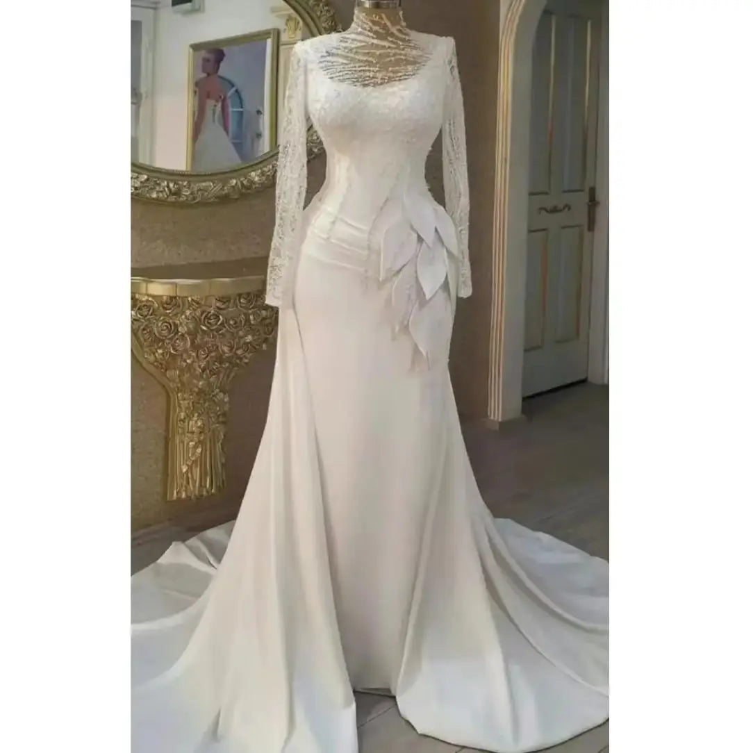 Luxurious Custom-made Anti-Static Satin-faced Wedding Dress Detachable Sequined Mermaid Silhouette Floor-Length Lace-Up Flowers