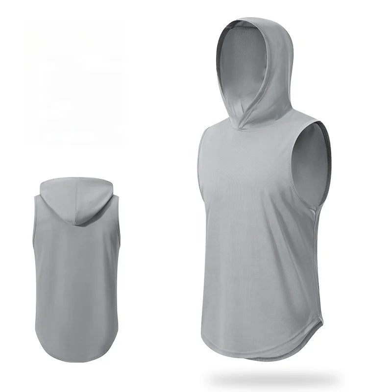 Quick Dry Hooded Fitness Vest Men's Basketball Running Training Loose Breathable Solid Color Sports Hooded Vest