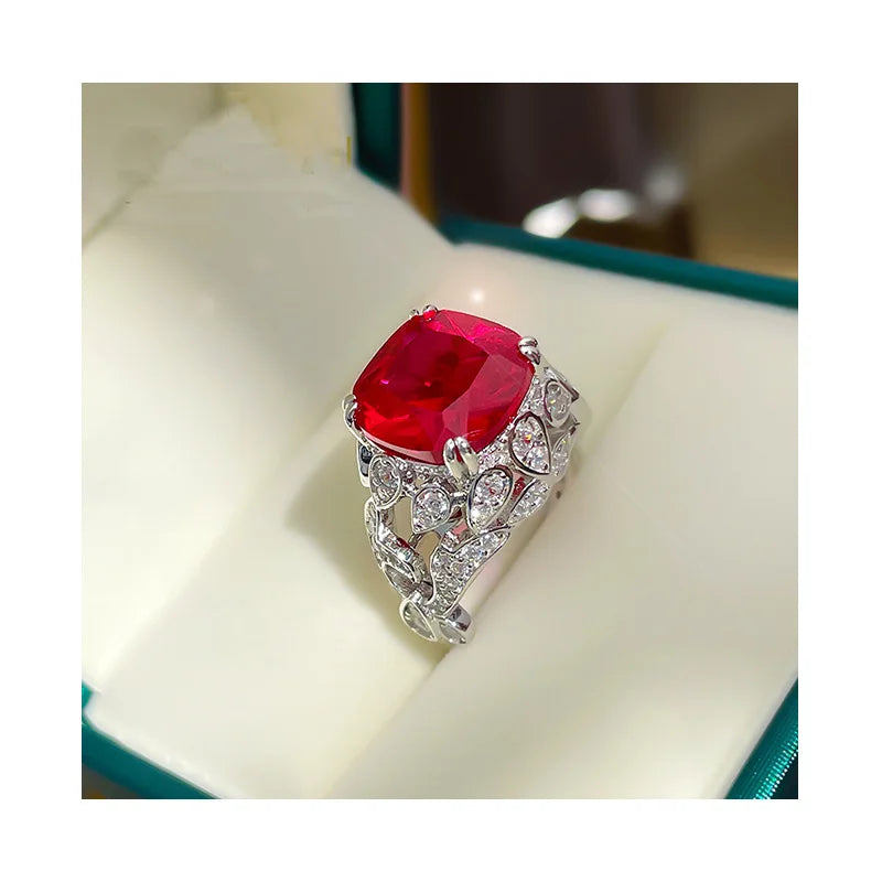 Luxury Designs Big Square 10*10mm Synthetic Red Ruby Engagement Ring 925 Sterling Silver Ring Designs for Girls