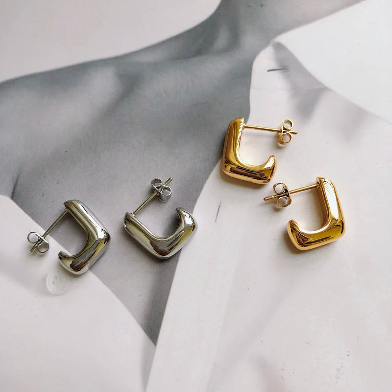 High Square Chunky Mini Hoop Earrings U Shape Huggies 18K Gold Plated Earring Delicate Plain Minimalist Stainless Steel Jewelry