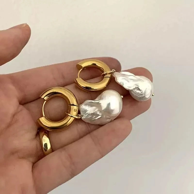 Elegant 18k Gold Plated Stainless Steel Women Fine Jewelry Stud Hoop Dangle Drop Baroque Freshwater Fresh Water Pearl Earrings