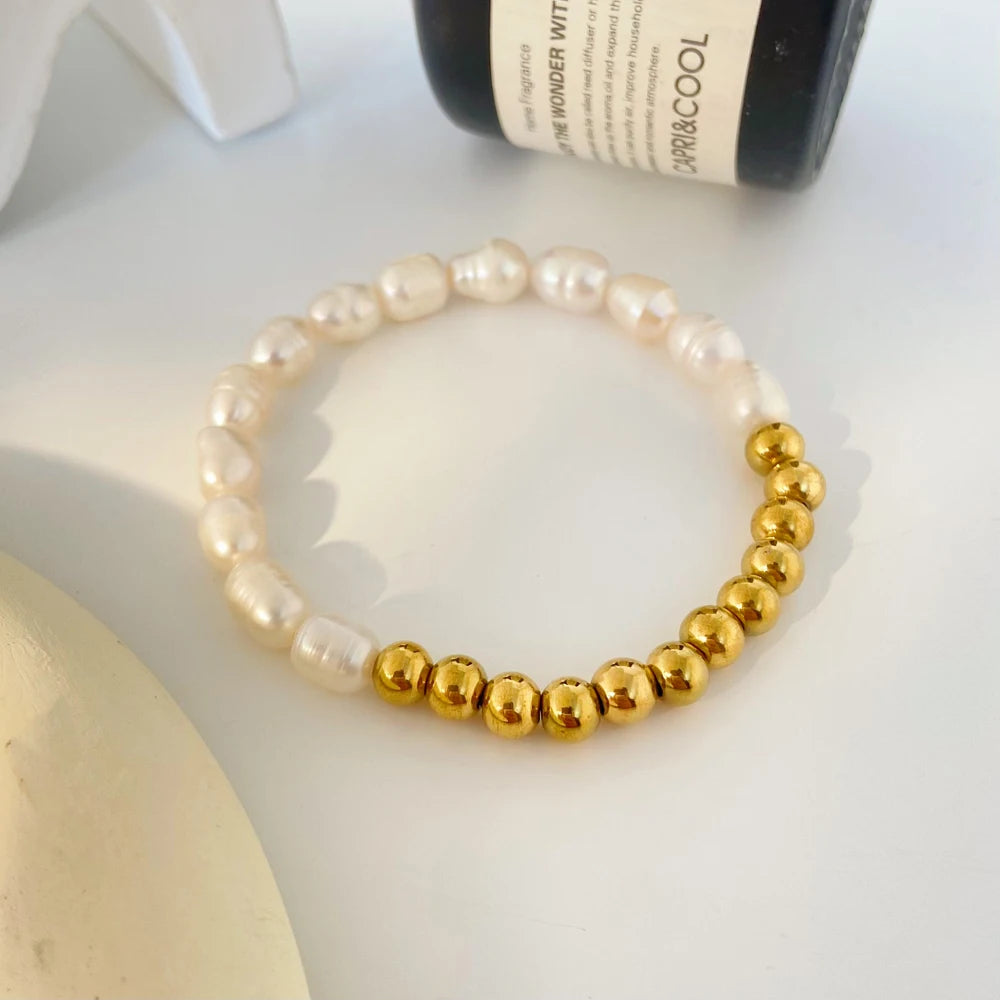 New Versatile Natural Freshwater Pearl Handmade Beaded Splicing Titanium Steel Gold-plated Bracelet Fashion Jewelry 2025