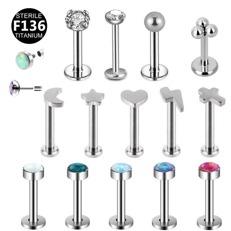 Gaby Blue Opal Implant Grade Al Por Mayor Astm F136 Titanium Labret Earring Top Push Pin Stud Piercing De Titanio Jewelry