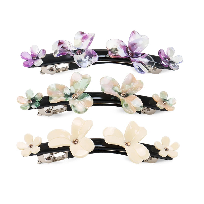 French Barrette Clip Flower Inlay Rhinestones Design Women Hair Accessories Acetate Ponytail Clip Hair Barrette