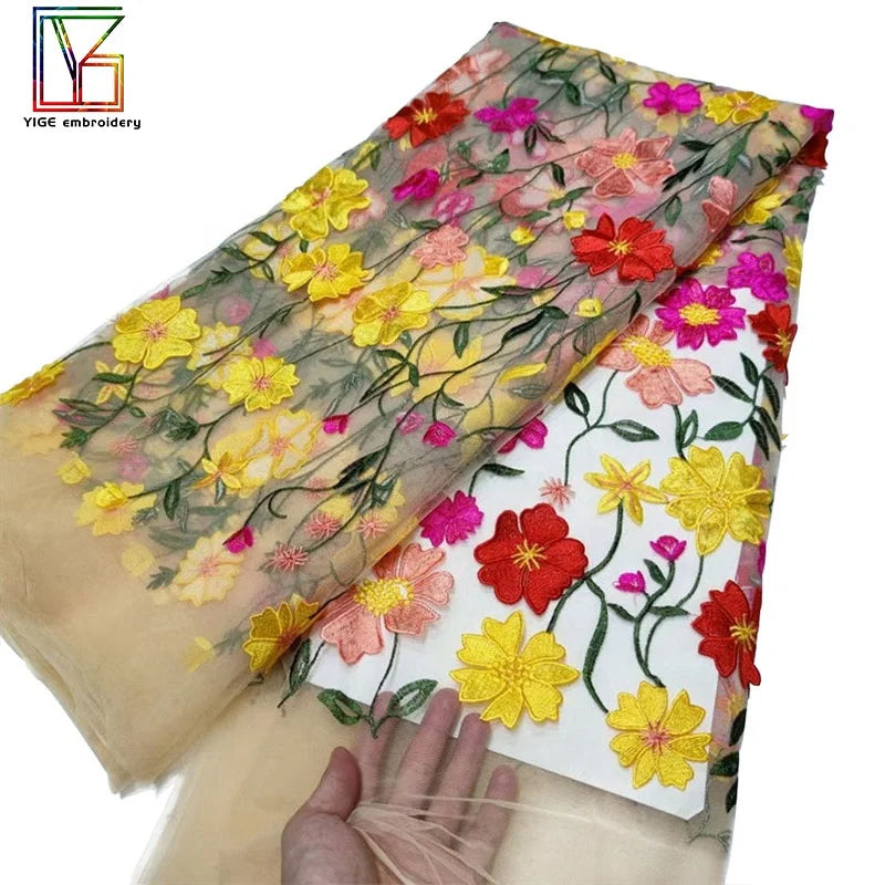 Quality Wedding Dress Flower Mix Color Embroidery Lace Fabric African Bridal Lace Tulle 3D Embroidery Dress Fabric